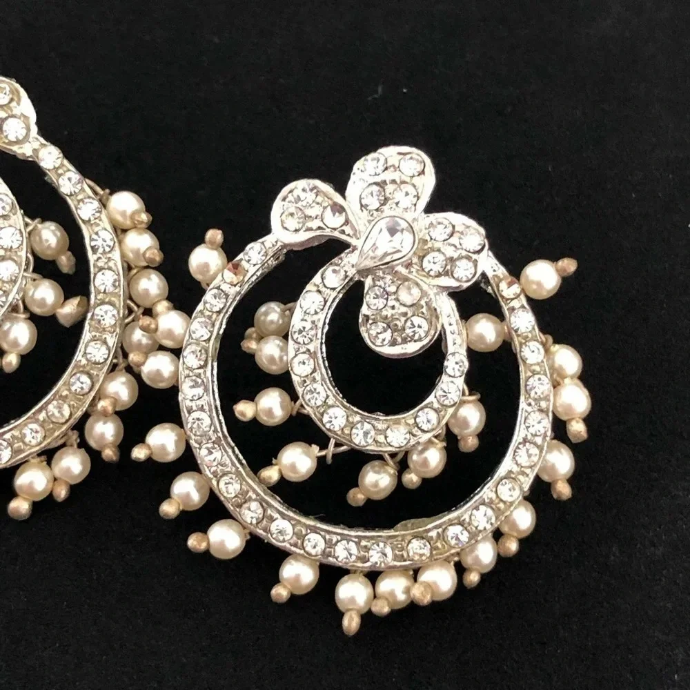 Silver Tone Pearl Crystal Bridal‎ Earrings Bride